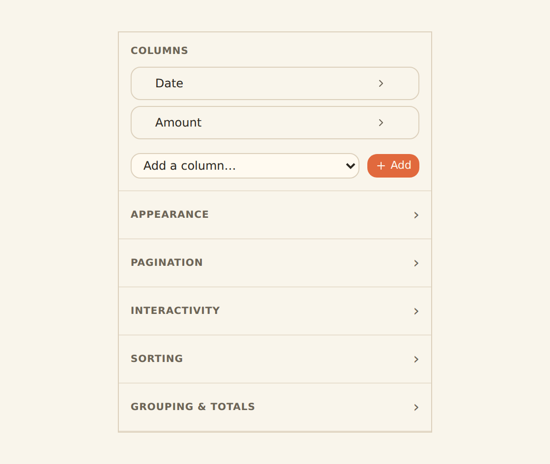 BankSync dashboard table column manager with formats and pin controls