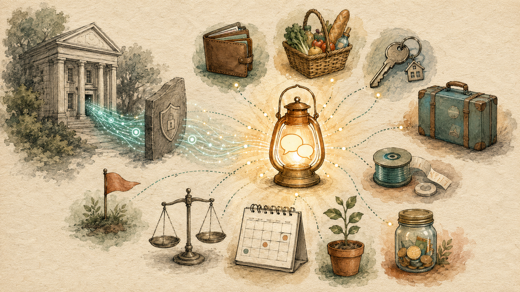 Hand-drawn conversational lantern surrounded by ten useful personal finance questions as objects