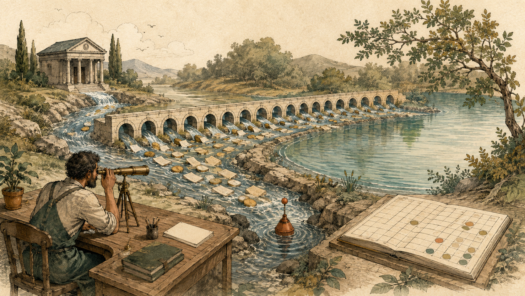 Hand-drawn small business cash-flow river passing through forecasting arches into a monitored reservoir