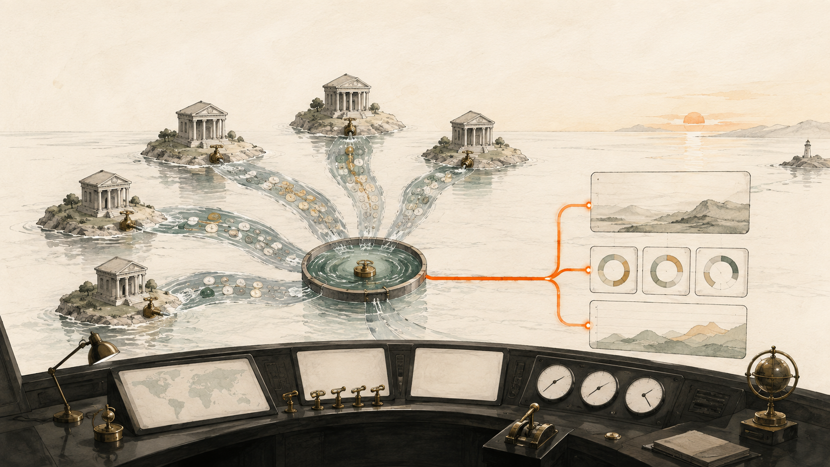 Separate bank islands feeding a central treasury dashboard