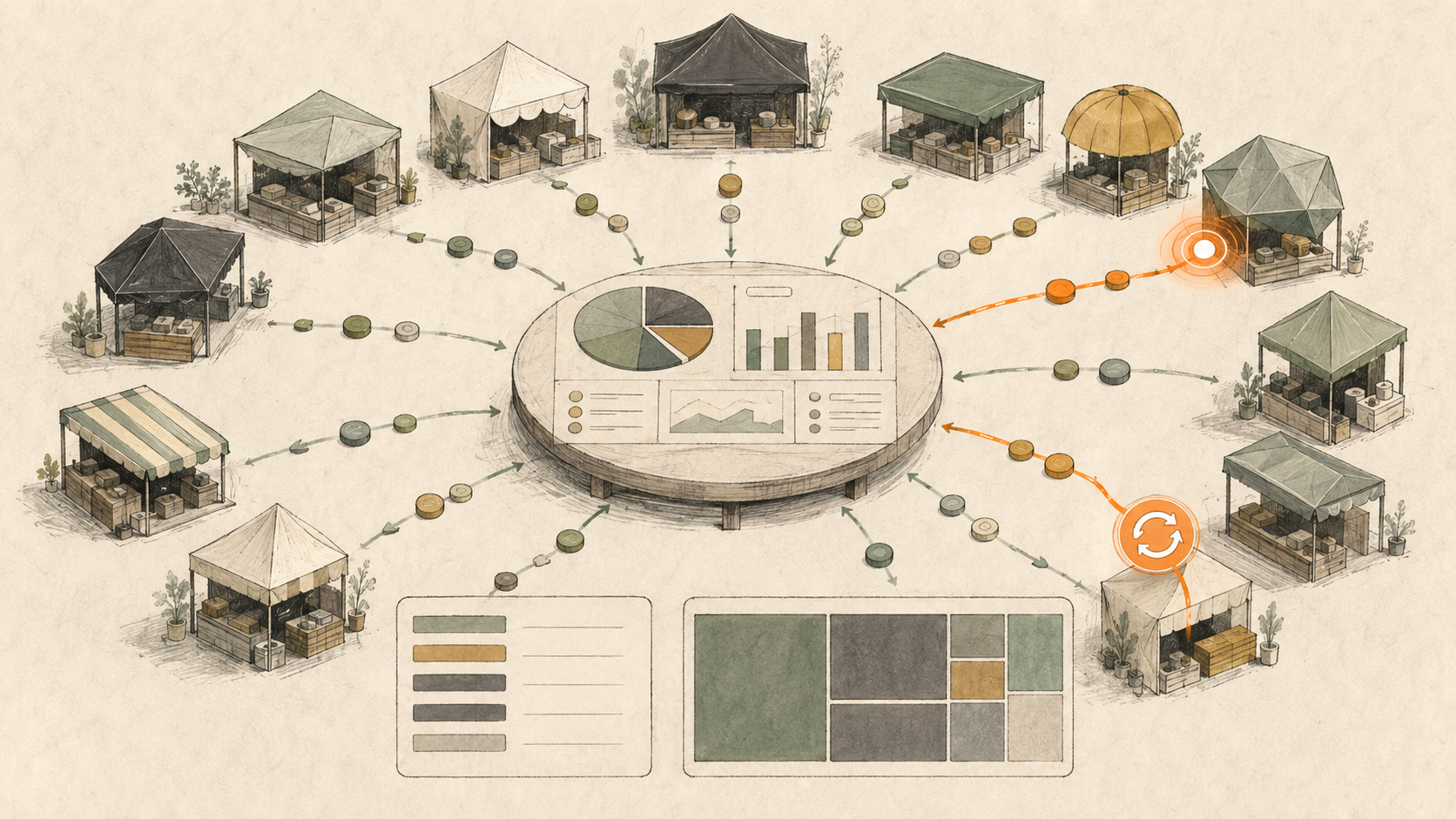 Vendor stalls feeding a central spend dashboard with concentration signals