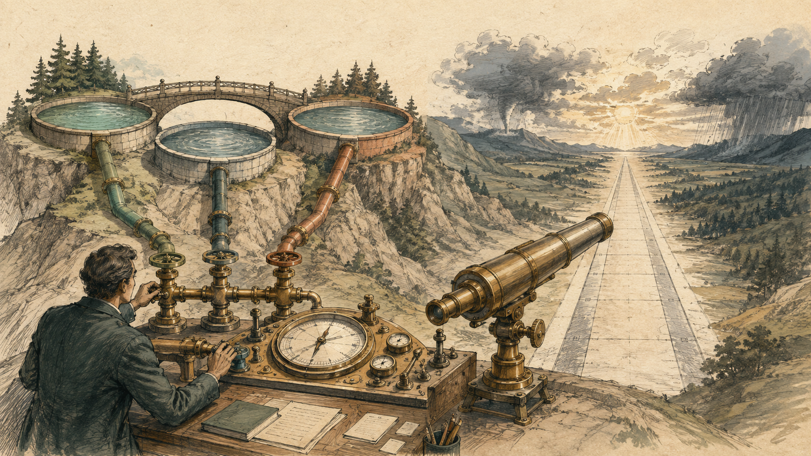 Hand-drawn venture capital reservoirs feeding a treasury forecasting instrument and long runway