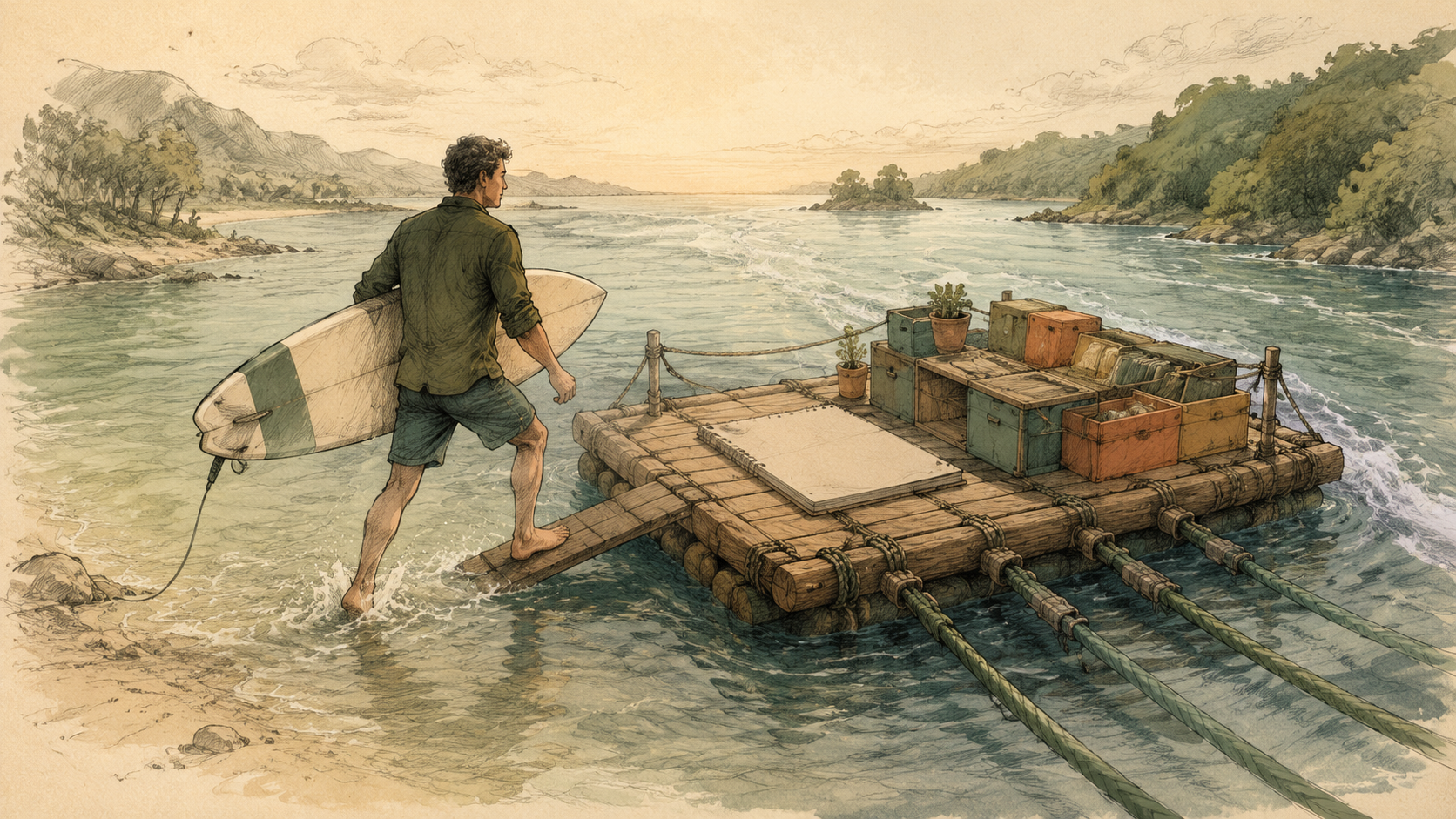 Hand-drawn growing business moving from a small beginner surfboard to a customizable financial raft