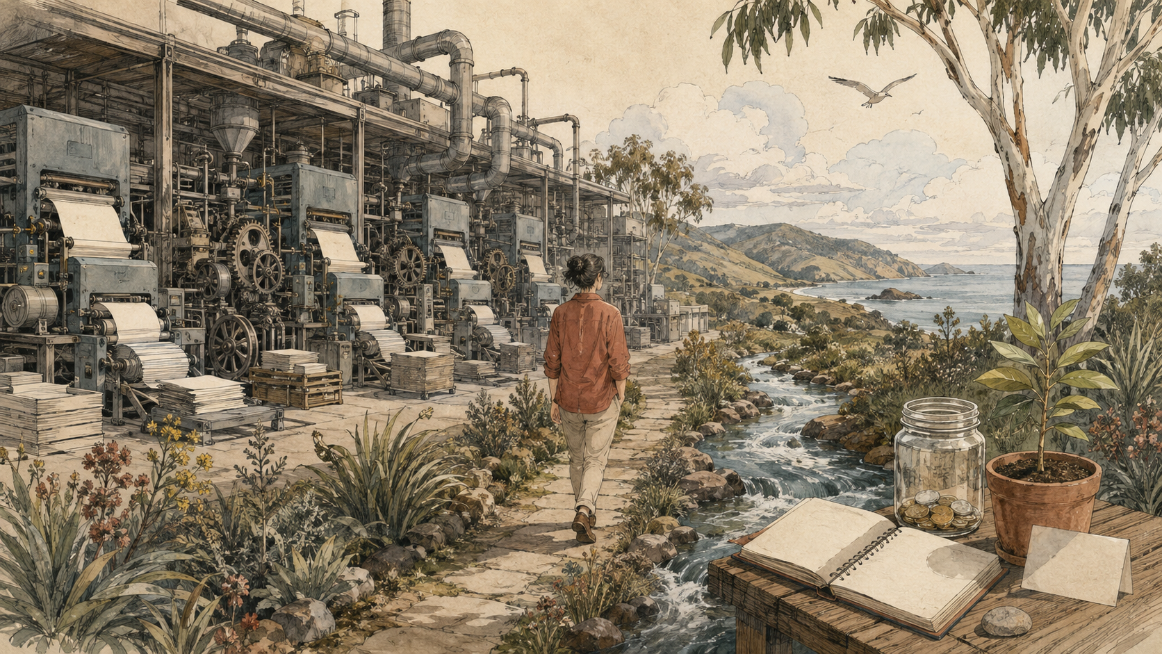 Hand-drawn personal finance path bypassing a large unused business accounting factory