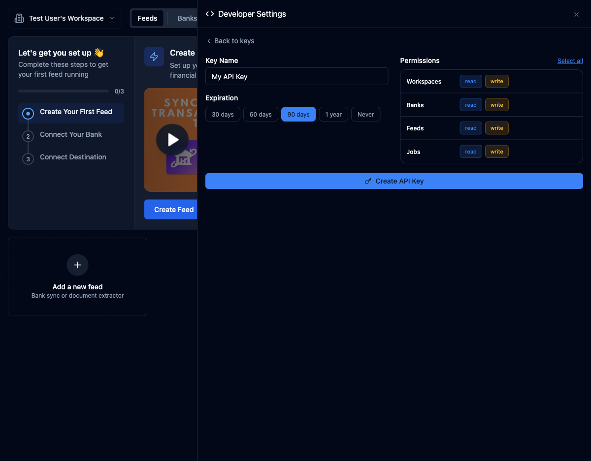 Create API key dialog with name and scopes filled in